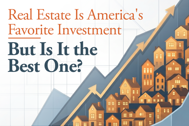 Real Estate Is America's Favorite Investment title graphic with an arrow pointing up on a blue background.