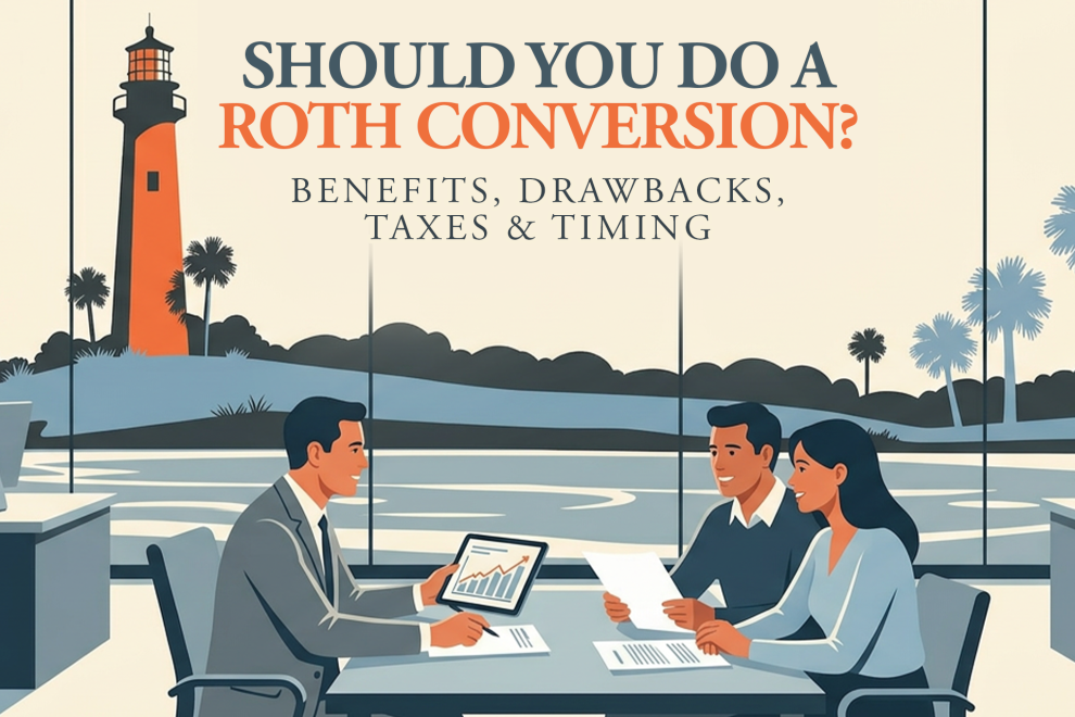 Decorative graphic titled 'Should You Do a Roth Conversion? Benefits, Drawbacks, Taxes & Timing' featuring an illustration of a person working at a desk with financial charts.
